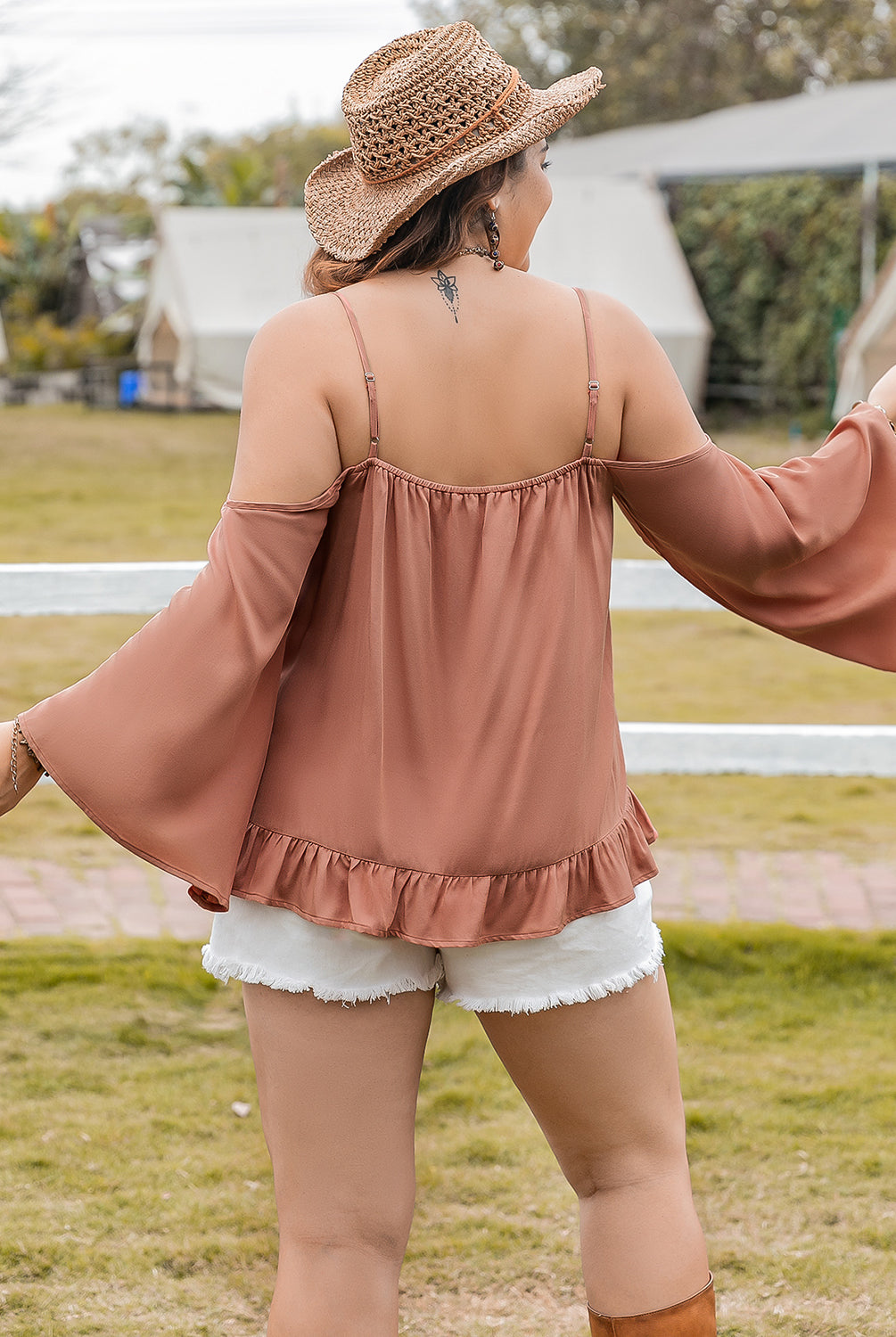 Rosy Brown Plus Size Frill Square Neck Long Sleeve Blouse