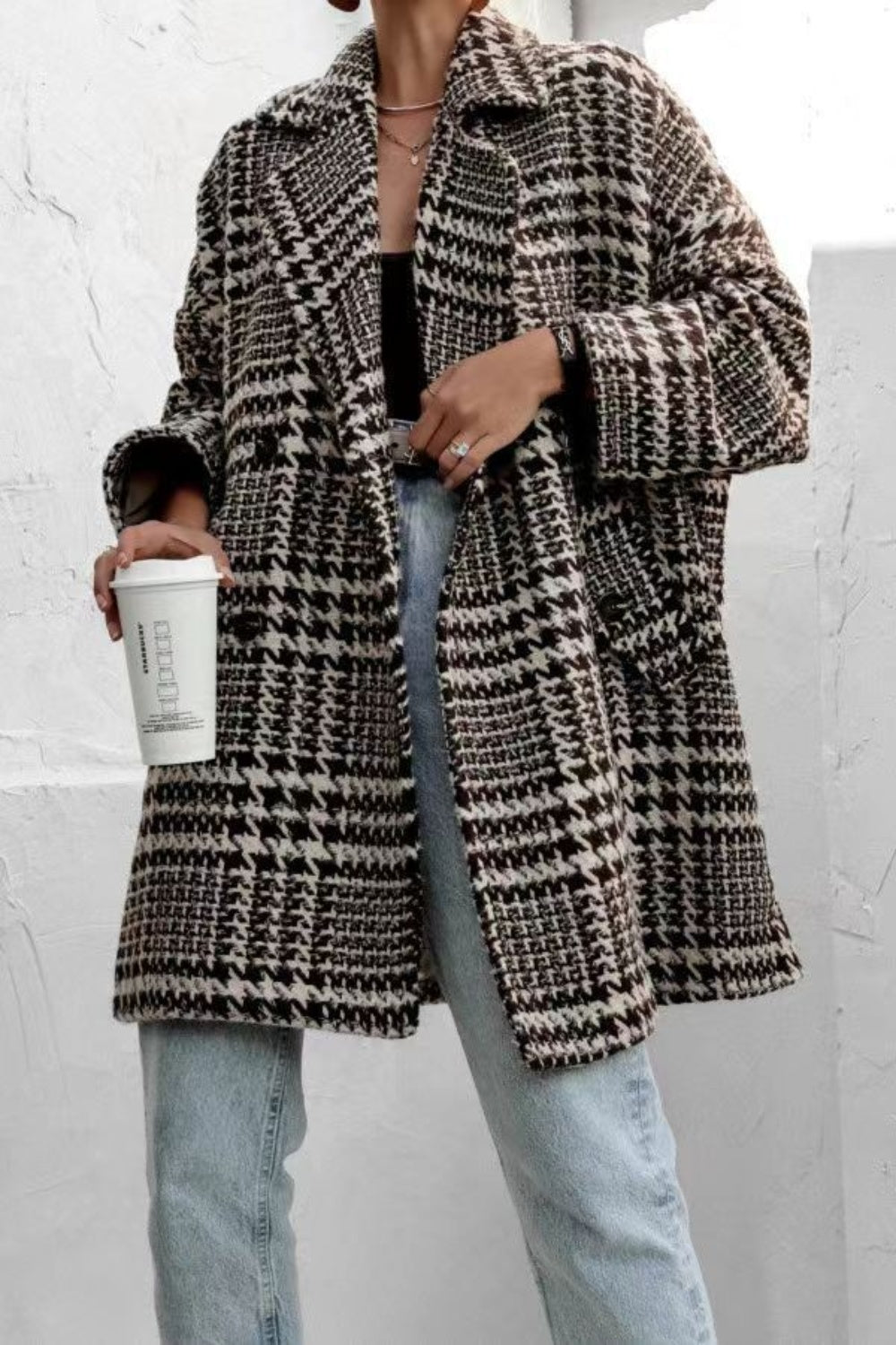 Gray Houndstooth Collared Neck Long Sleeve Coat with Pockets Coats & Jackets