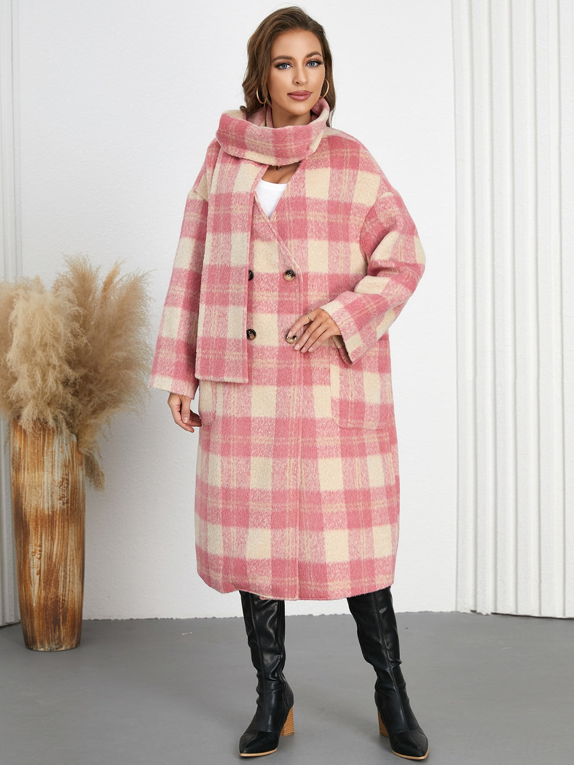 Light Gray Plaid Button Up Long Sleeve Coat Coats & Jackets