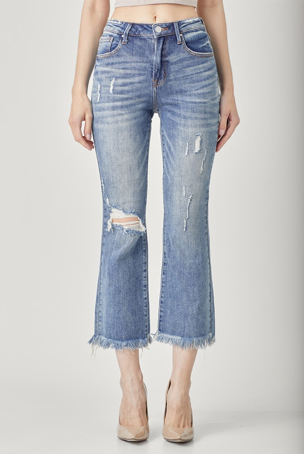 Light Gray RISEN High Waist Distressed Cropped Bootcut Jeans Denim