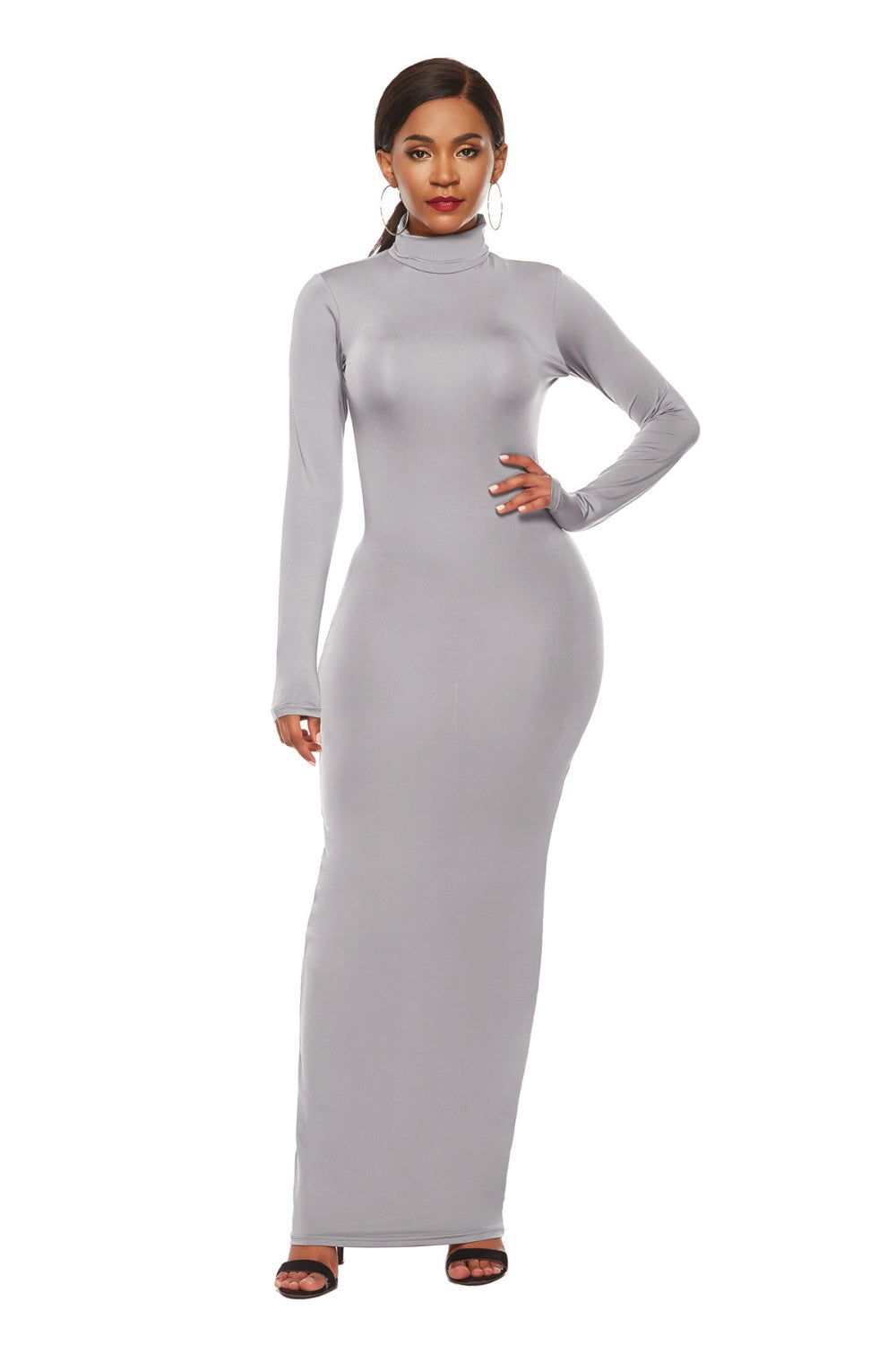 Dark Gray Mock Neck Long Sleeve Maxi Slim Dress Trends