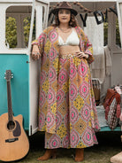 Dim Gray Plus Size Printed Open Front Cover Up and Pants Set