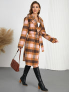 Light Gray Tied Plaid Collared Neck Coat Coats & Jackets