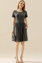 Light Gray Ninexis Full Size Round Neck Ruched Dress with Pockets Dress