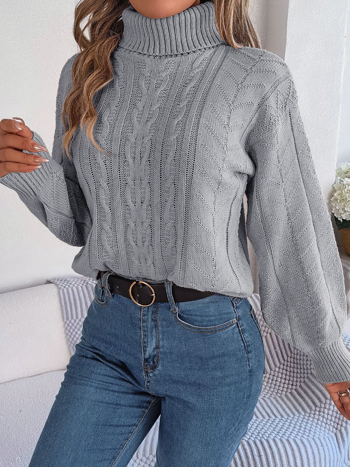 Light Slate Gray Cable-Knit Turtleneck Sweater Trends