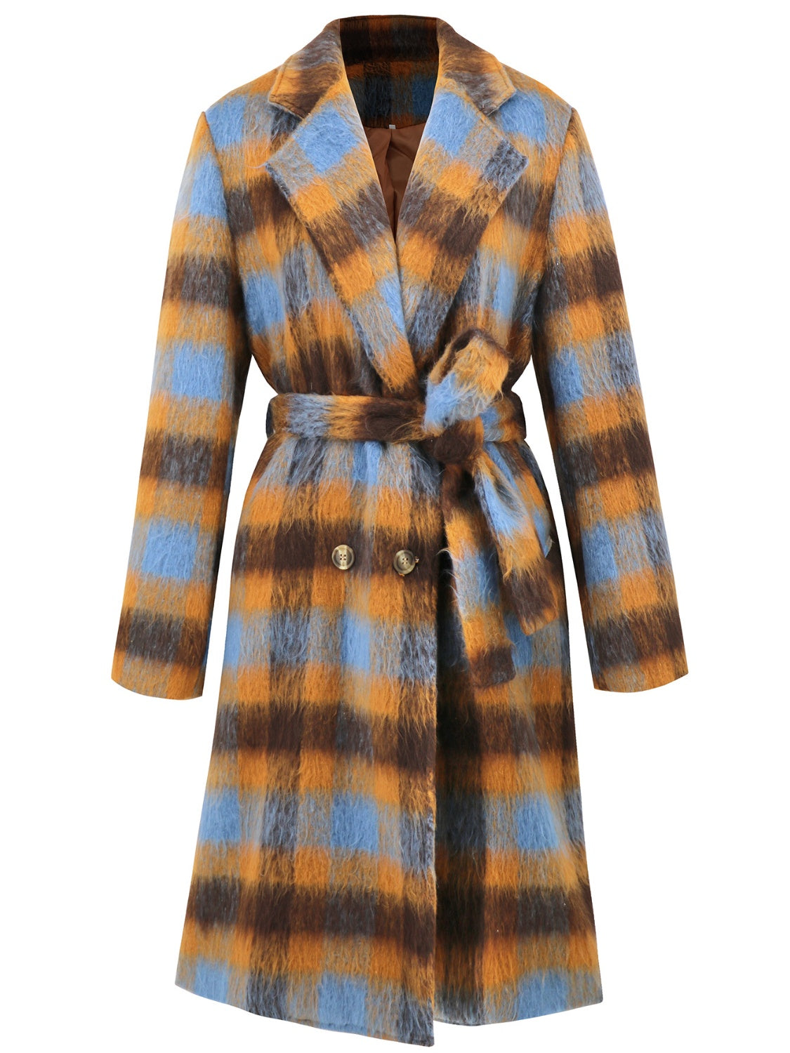 Dim Gray Tied Plaid Collared Neck Coat Coats & Jackets