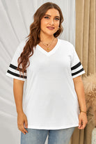 Light Gray Plus Size Striped V-Neck Tee Shirt Plus Size Clothes