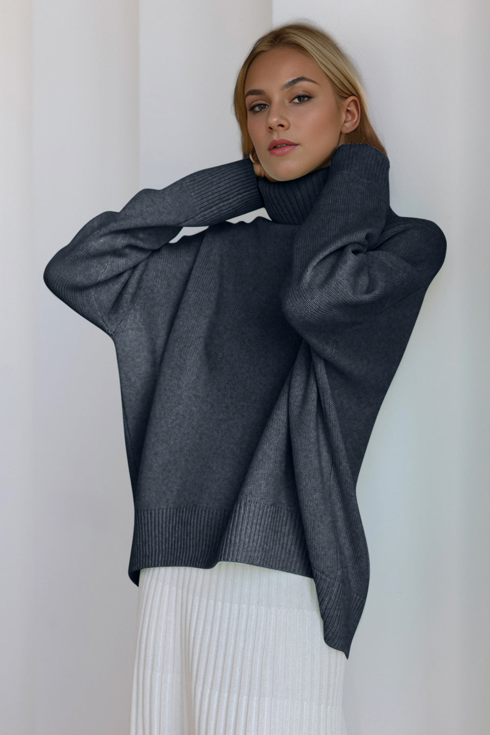 Dark Slate Gray Basic Bae Turtleneck Dropped Shoulder Long Sleeve Sweater Trends