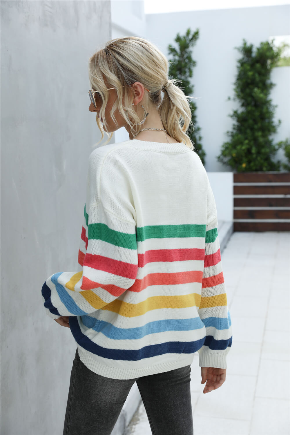 Gray Rainbow Stripe Dropped Shoulder Sweater