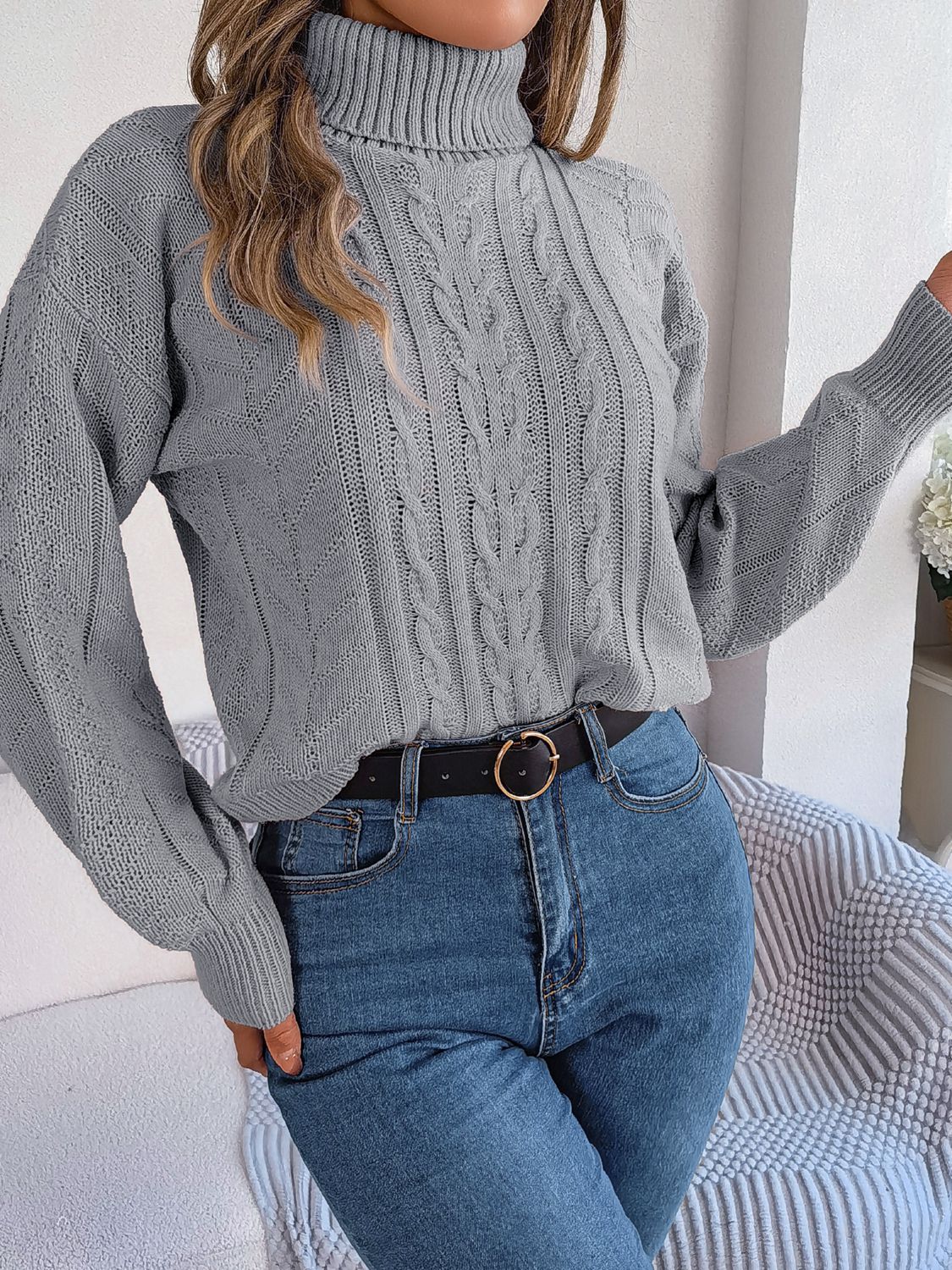 Light Slate Gray Cable-Knit Turtleneck Sweater Trends