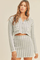 Light Gray MABLE Houndstooth Cropped Knit Cardigan and Mini Skirt Set Trends