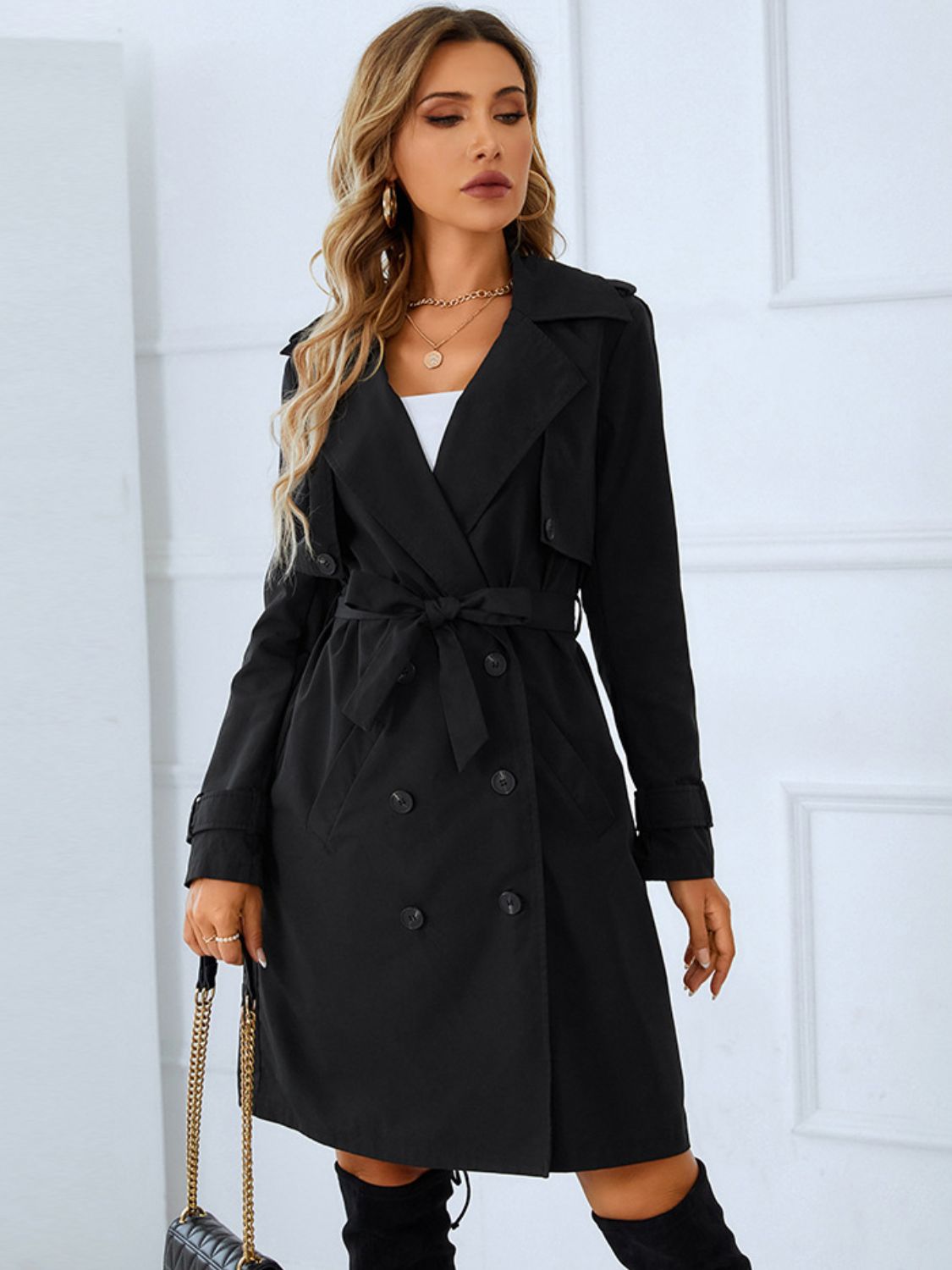 Black Lapel Collar Tie Belt Double-Breasted Trench Coat Coats & Jackets