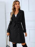 Black Lapel Collar Tie Belt Double-Breasted Trench Coat Coats & Jackets