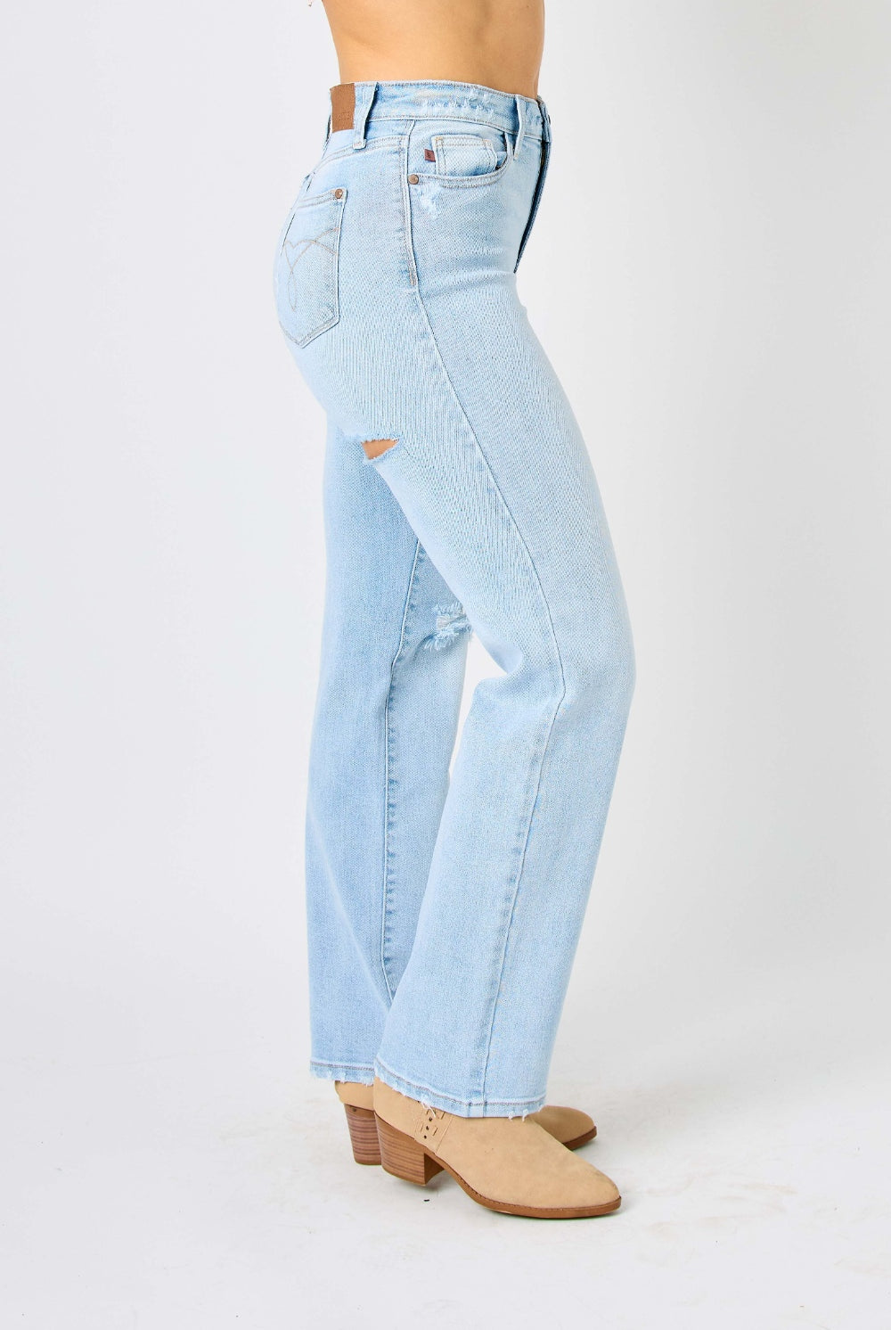 Light Gray Judy Blue Full Size High Waist Distressed Straight Jeans Denim