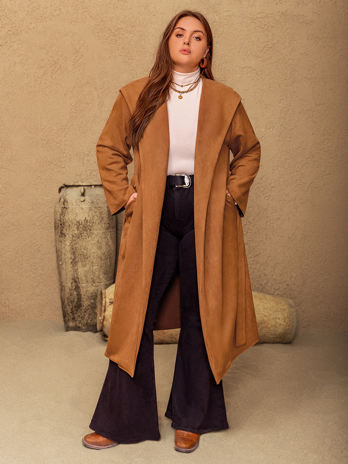 Rosy Brown Plus Size Tied Long Sleeve Hooded Coat with Pockets Coats & Jackets