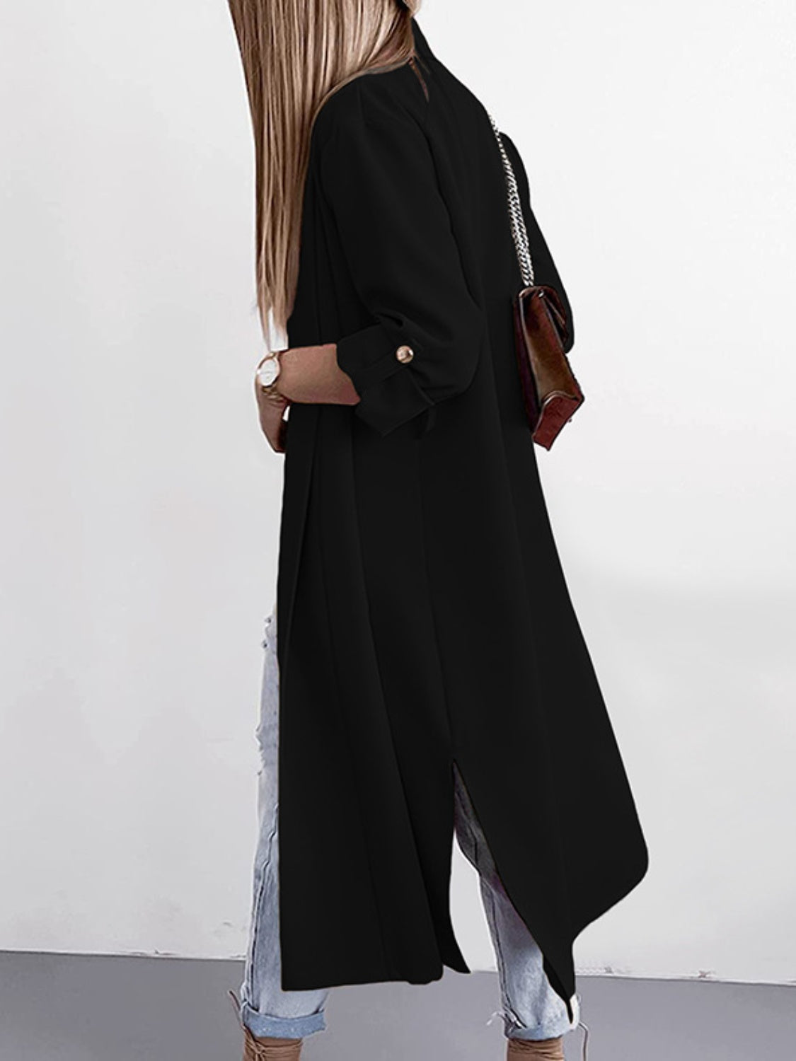 Black Slit Open Front Roll-Tab Sleeve Trench Coat Coats & Jackets