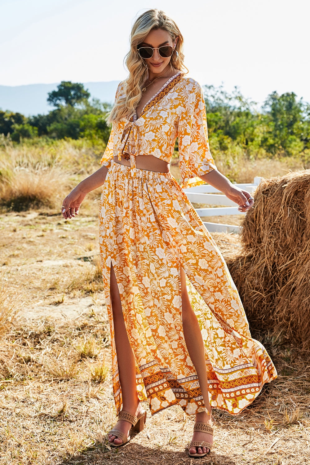 Wheat Printed Half Sleeve Top and Slit Skirt Set