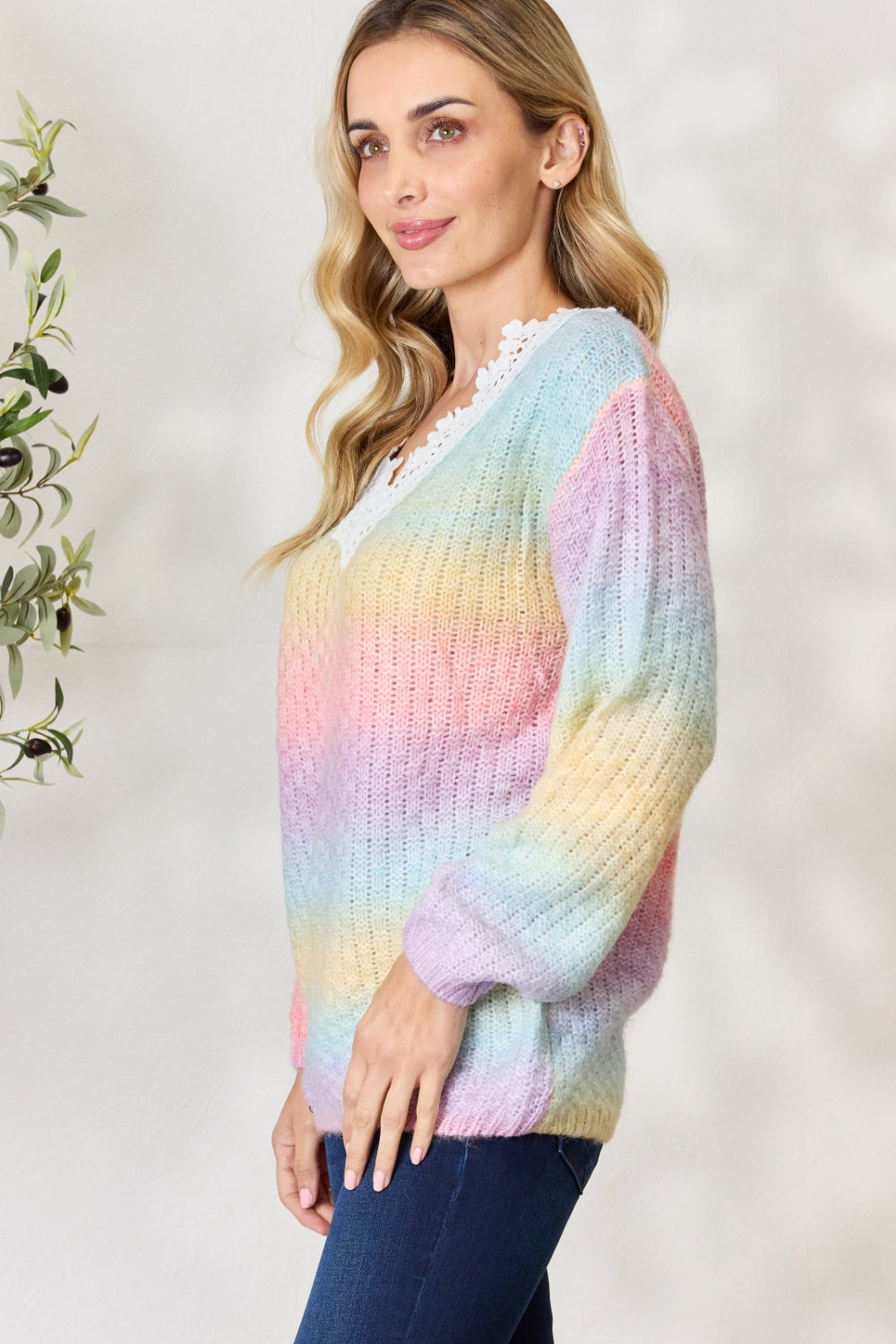 Light Gray BiBi Rainbow Gradient Crochet Deetail Sweater