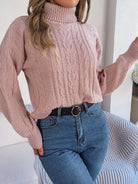 Rosy Brown Cable-Knit Turtleneck Sweater Trends