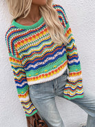 Gray Rainbow Stripe Openwork Flare Sleeve Knit Top