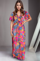 Light Slate Gray Printed Surplice Short Sleeve Maxi Dress