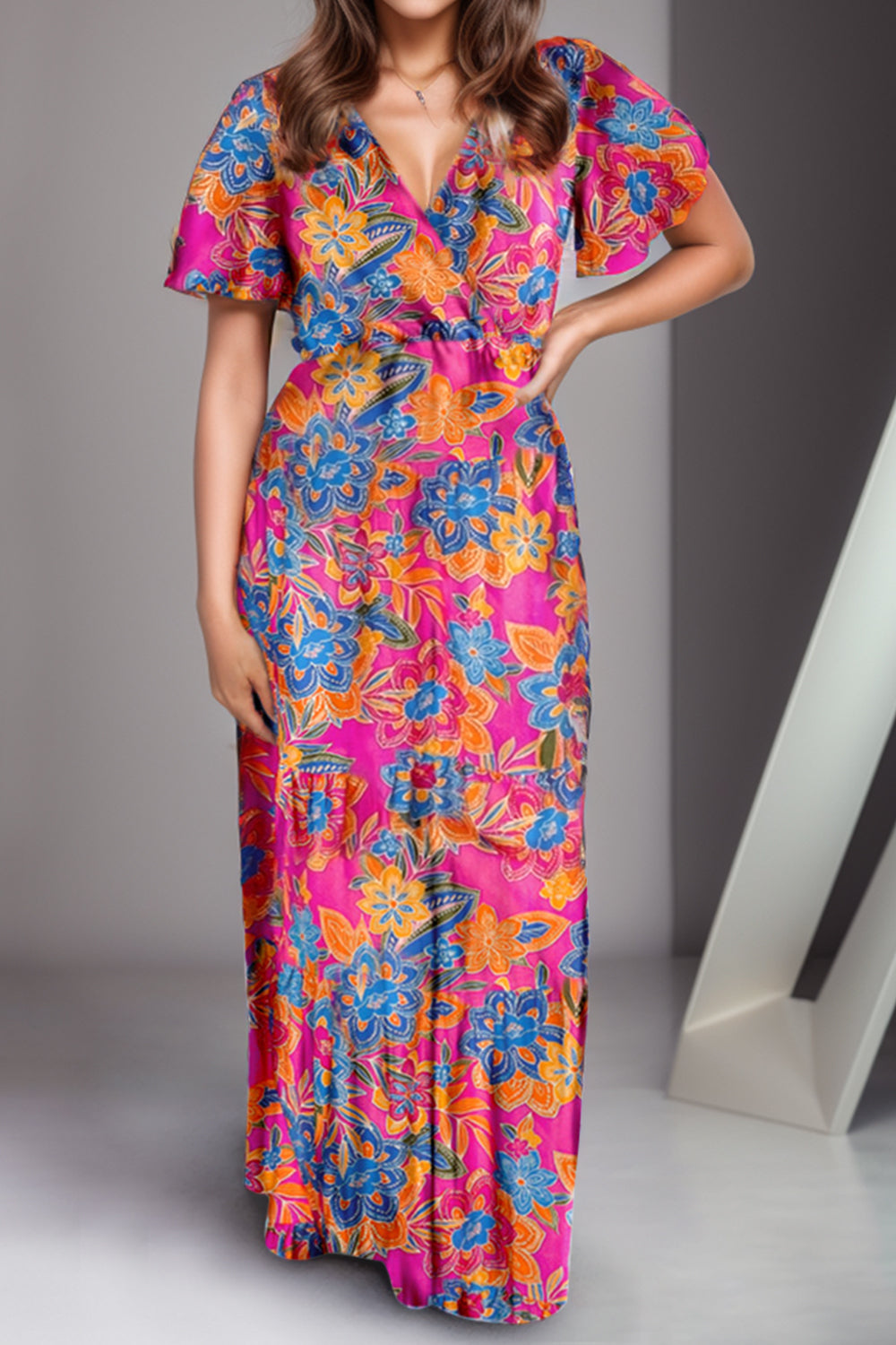 Rosy Brown Printed Surplice Short Sleeve Maxi Dress