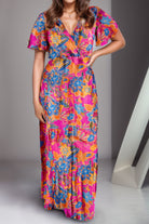 Rosy Brown Printed Surplice Short Sleeve Maxi Dress