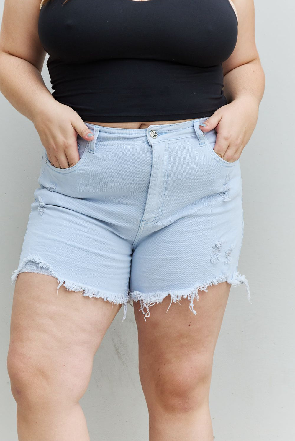 Gray RISEN Katie Full Size High Waisted Distressed Shorts in Ice Blue Denim