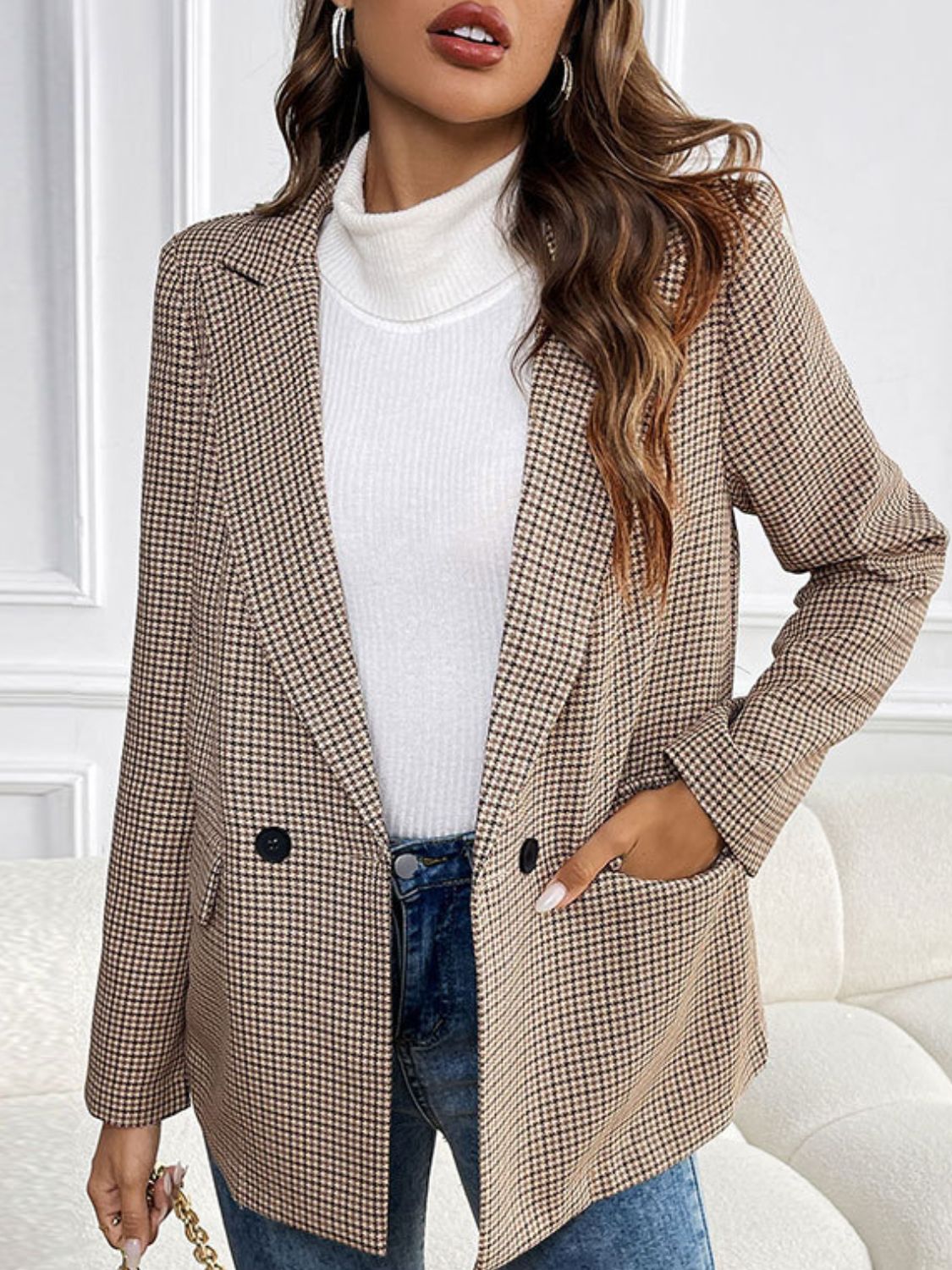 Light Gray Perfee Plaid Lapel Collar Long Sleeve Blazer Coats & Jackets