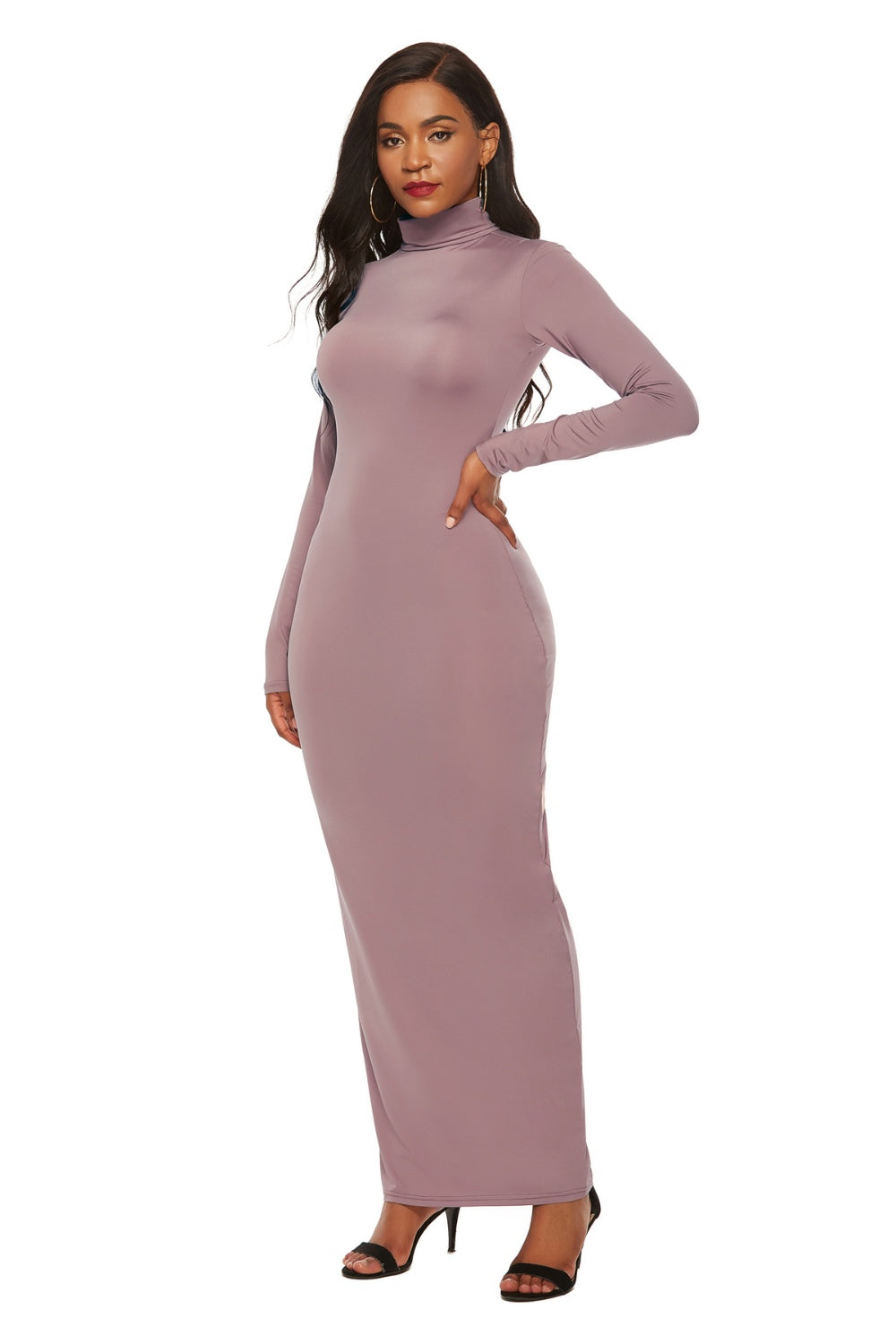 Rosy Brown Mock Neck Long Sleeve Maxi Slim Dress Trends