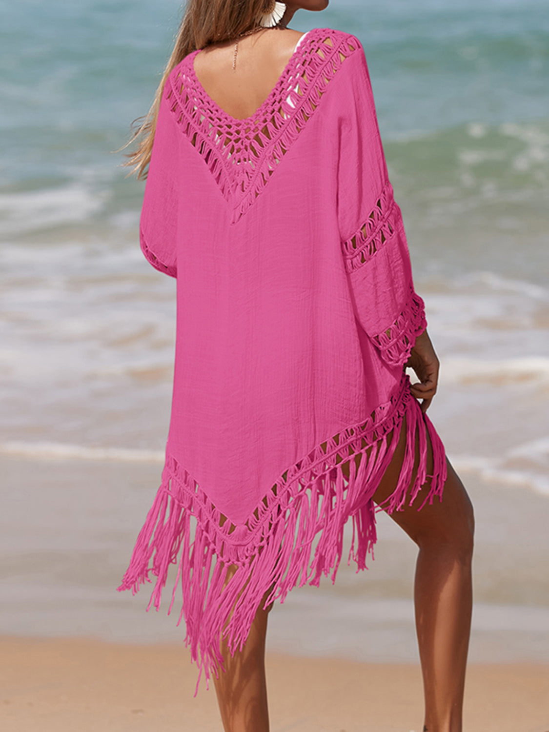 Rosy Brown Cutout Fringe Scoop Neck Cover-Up