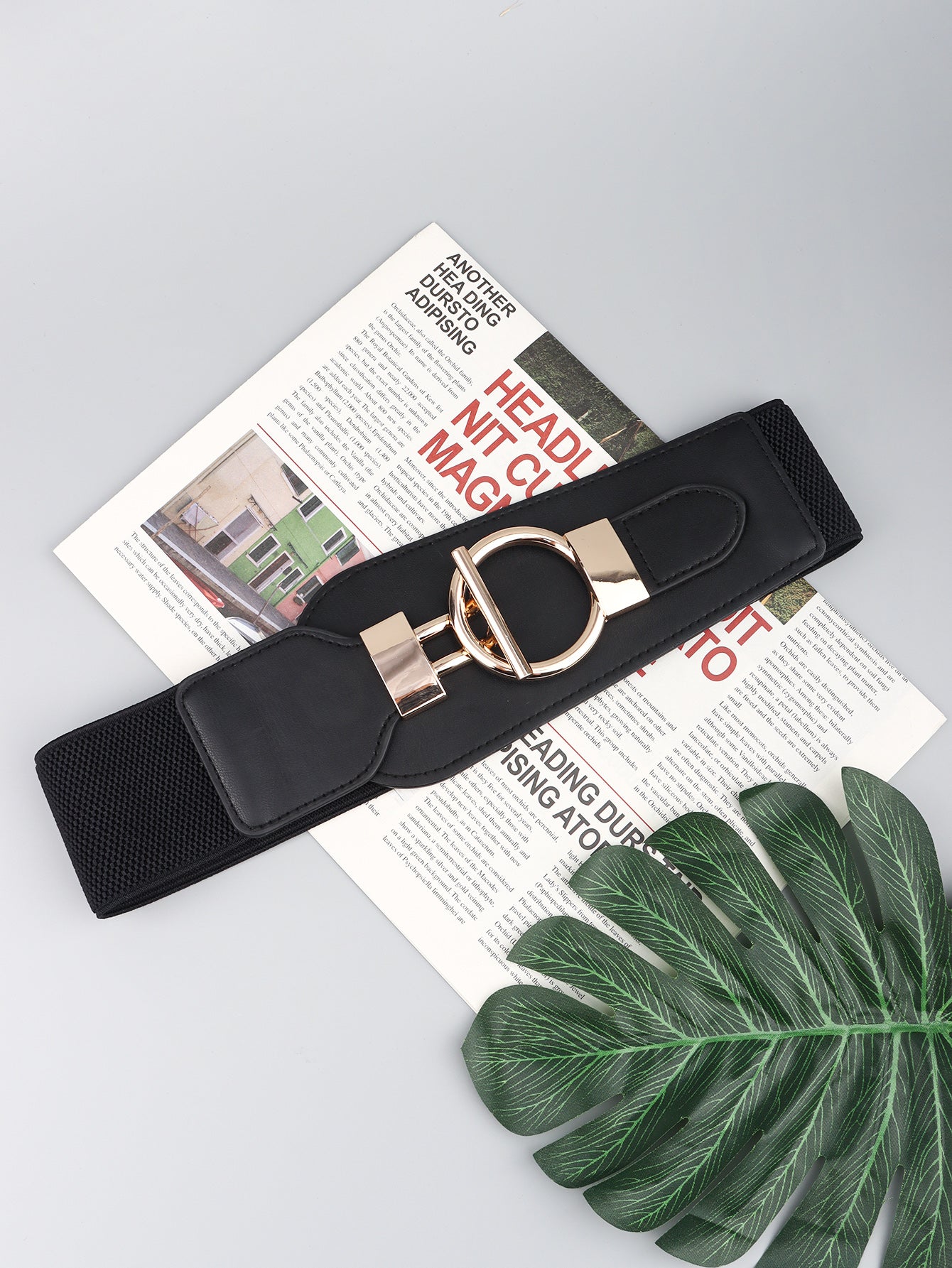 Dark Slate Gray PU Elastic Wide Belt with Alloy Buckle Trends