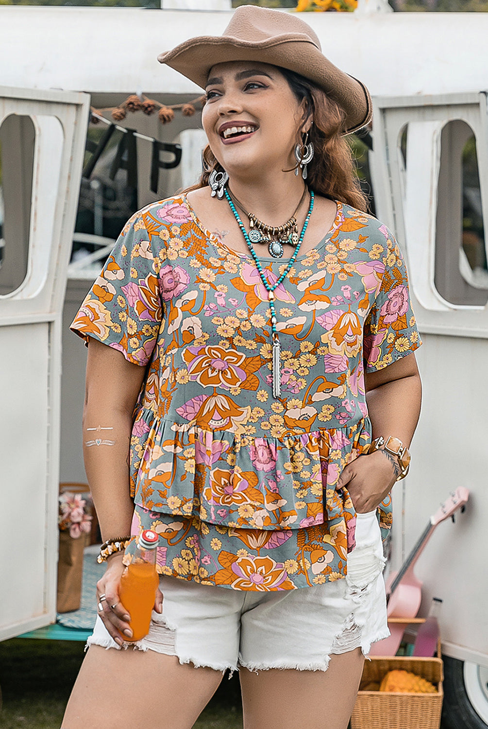 Gray Plus Size Layered Printed Round Neck Short Sleeve Blouse