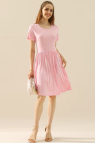 Wheat Ninexis Full Size Round Neck Ruched Dress with Pockets Dress