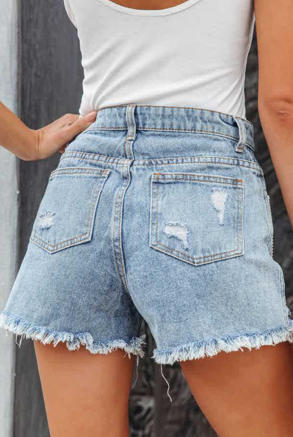 Gray Distressed Fringe Denim Shorts with Pockets Denim