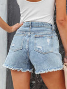 Gray Distressed Fringe Denim Shorts with Pockets Denim