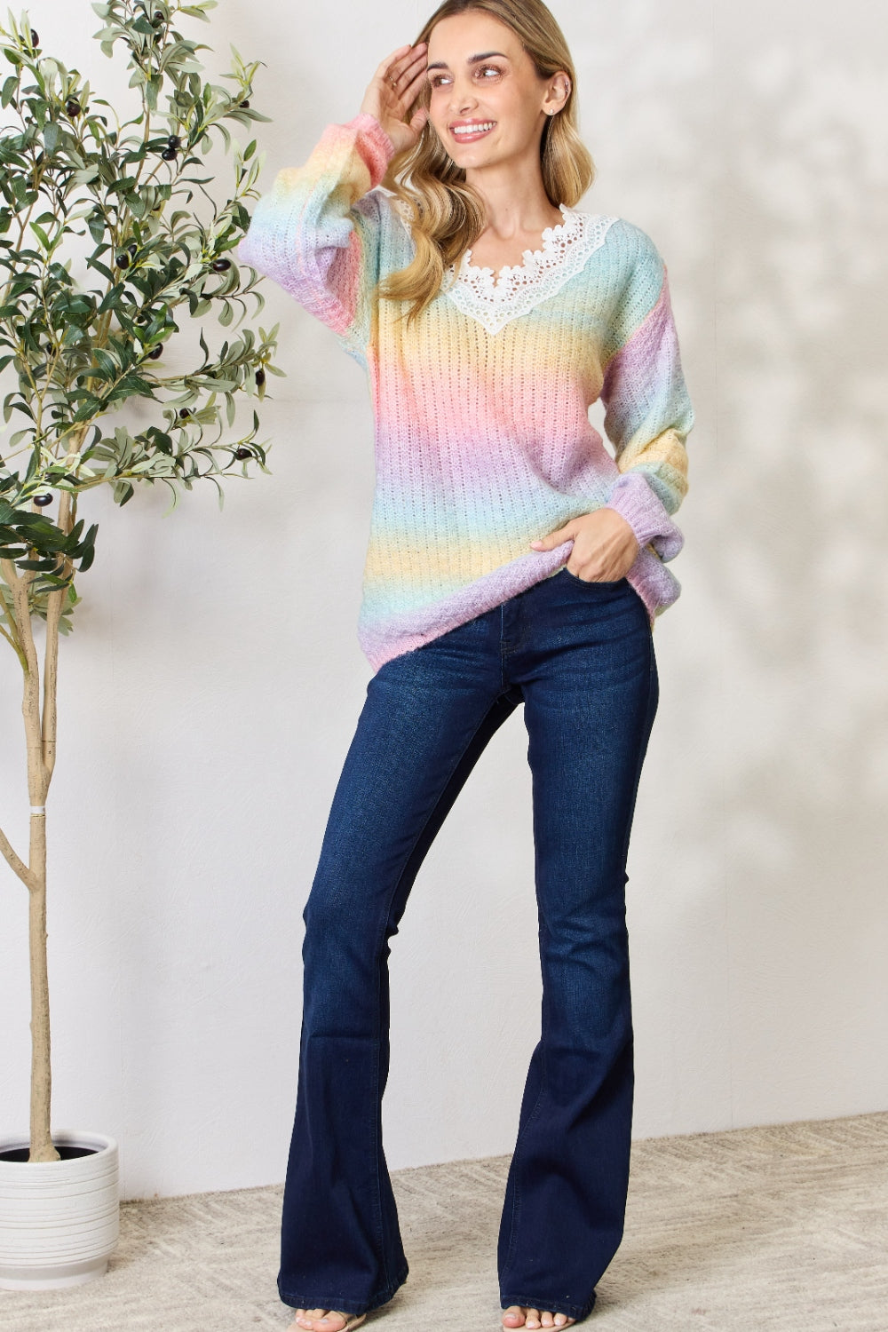 Light Gray BiBi Rainbow Gradient Crochet Deetail Sweater