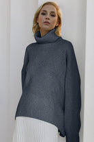 Gray Basic Bae Turtleneck Dropped Shoulder Long Sleeve Sweater Trends