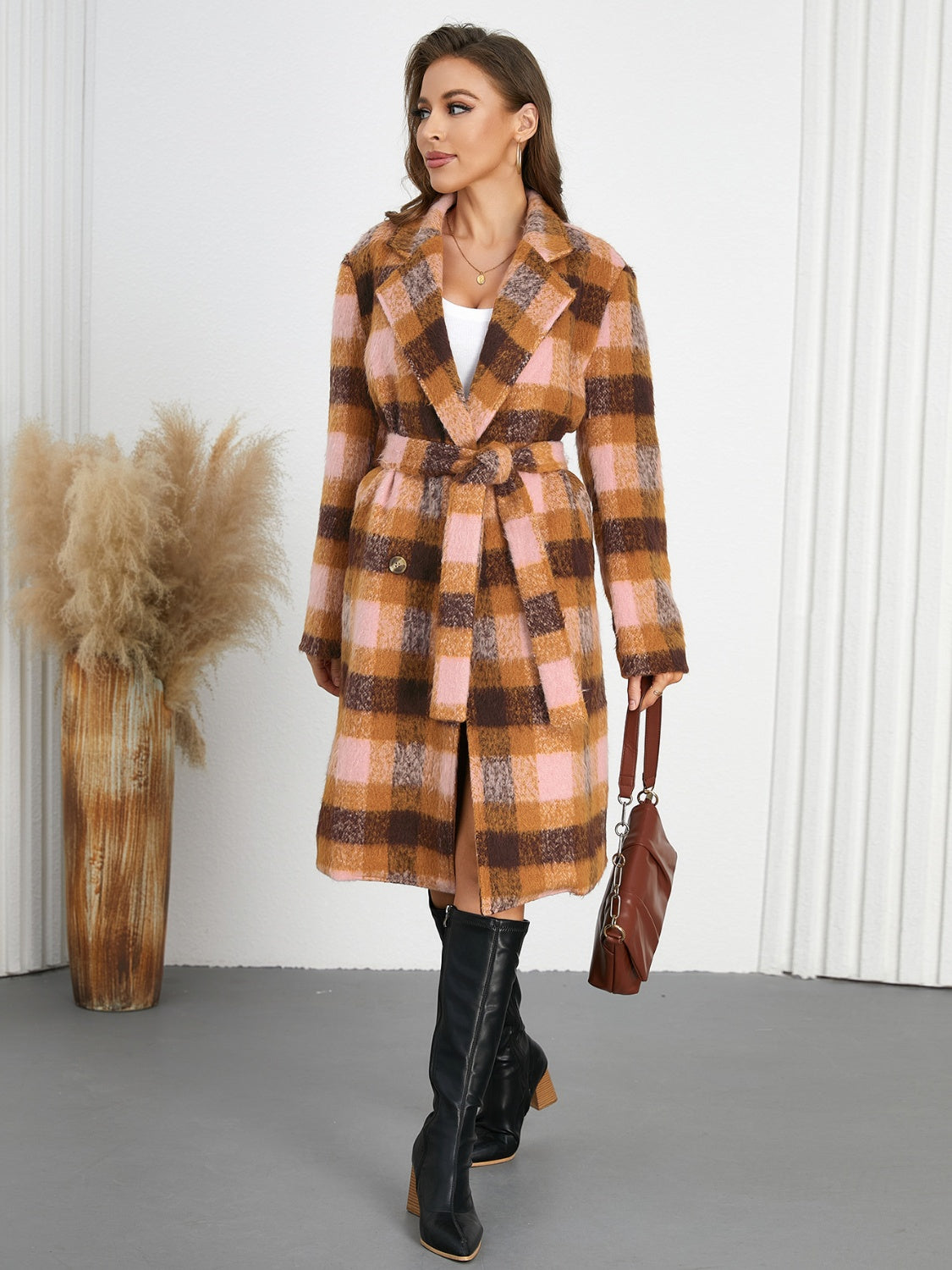 Light Gray Tied Plaid Collared Neck Coat Coats & Jackets