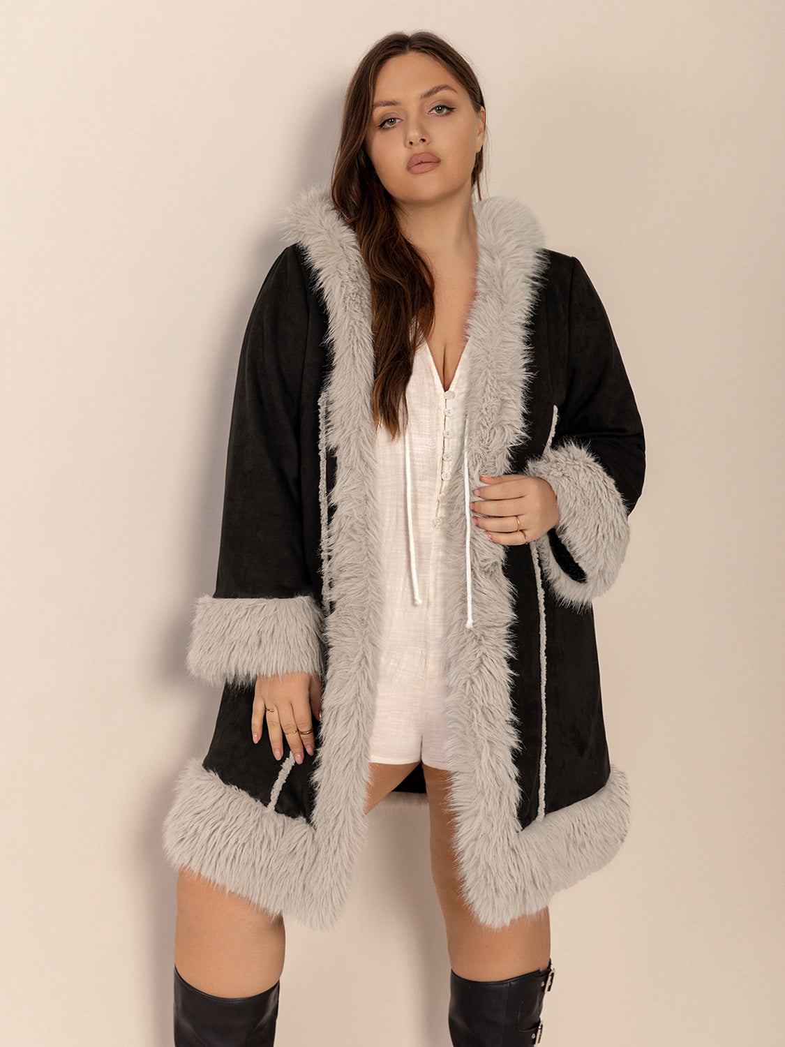 Gray Plus Size Fuzzy Trim Open Front Long Sleeve Hooded Coat Coats & Jackets