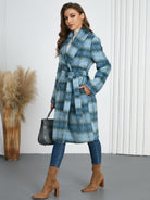 Light Gray Plaid Tie Waist Long Sleeve Coat Coats & Jackets