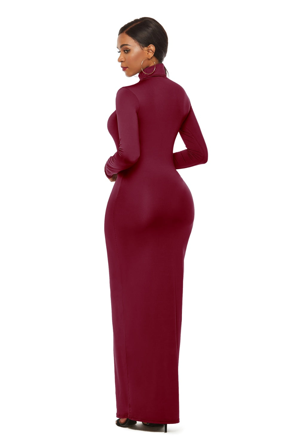 Dark Red Mock Neck Long Sleeve Maxi Slim Dress Trends