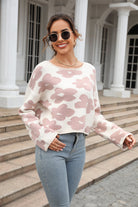 Gray Round Neck Flower Pattern Dropped Shoulder Pullover Sweater