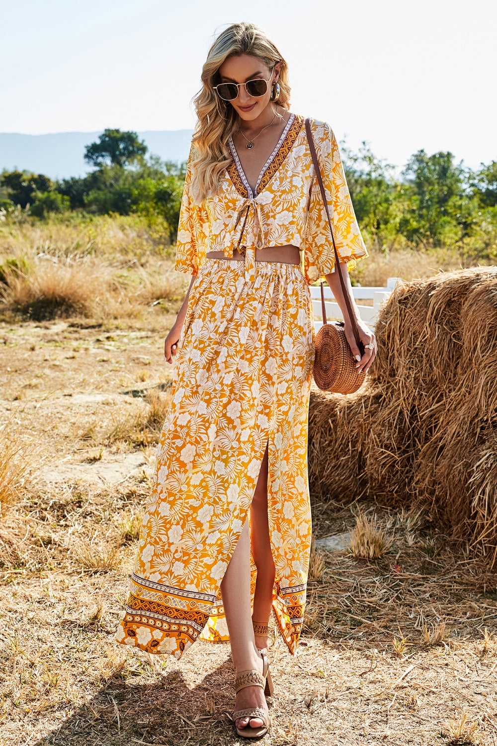 Wheat Printed Half Sleeve Top and Slit Skirt Set