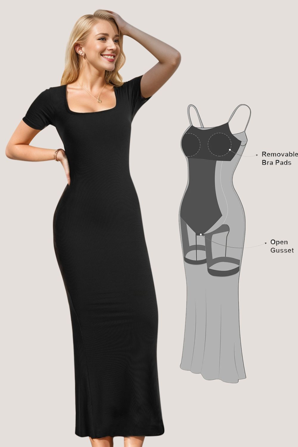 Dark Slate Gray Basic Bae Built-In Shapewear Square Neck Short Sleeve Maxi Dress Trends