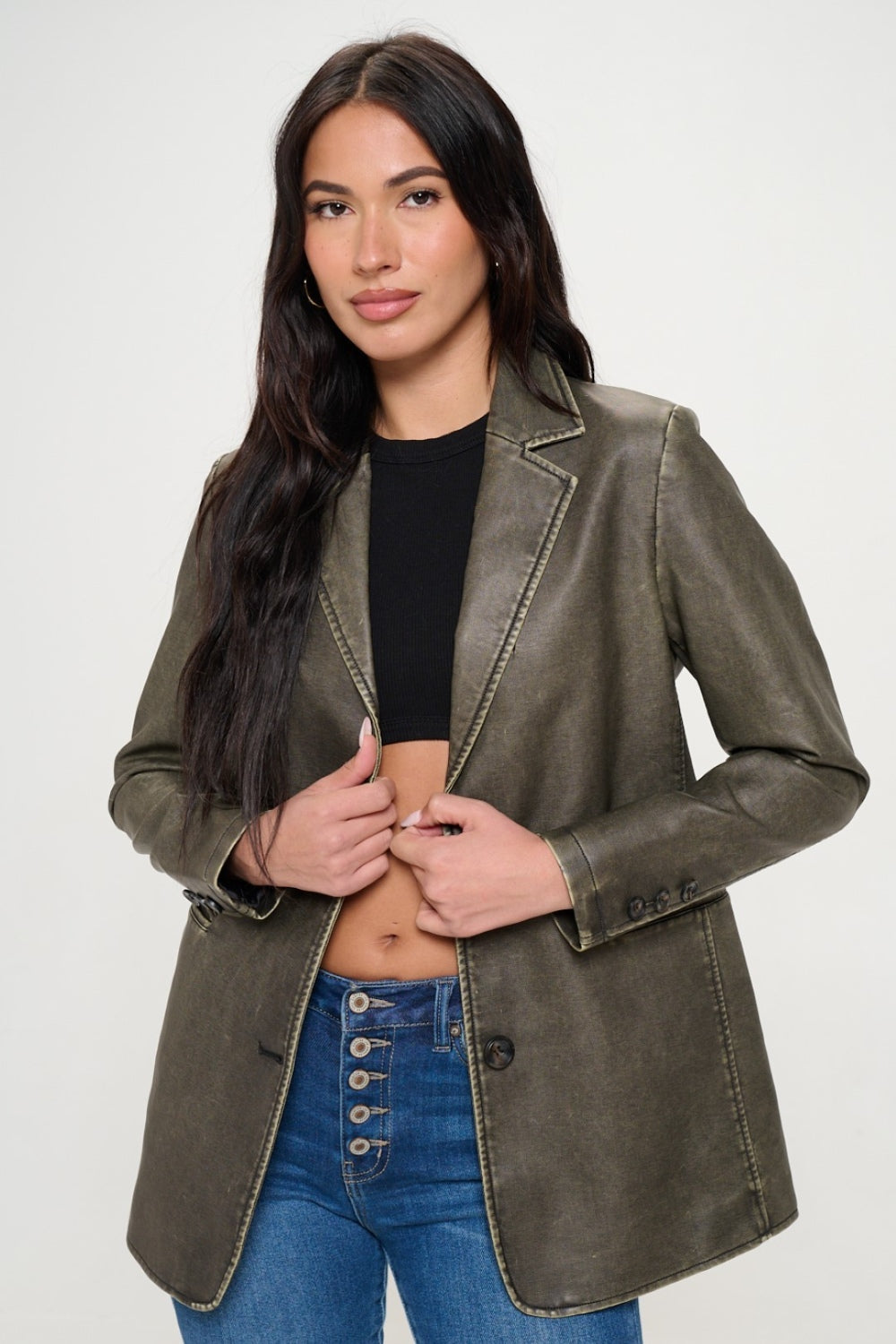 Light Gray Coalition LA Single-Breasted Vegan Leather Blazer Trends