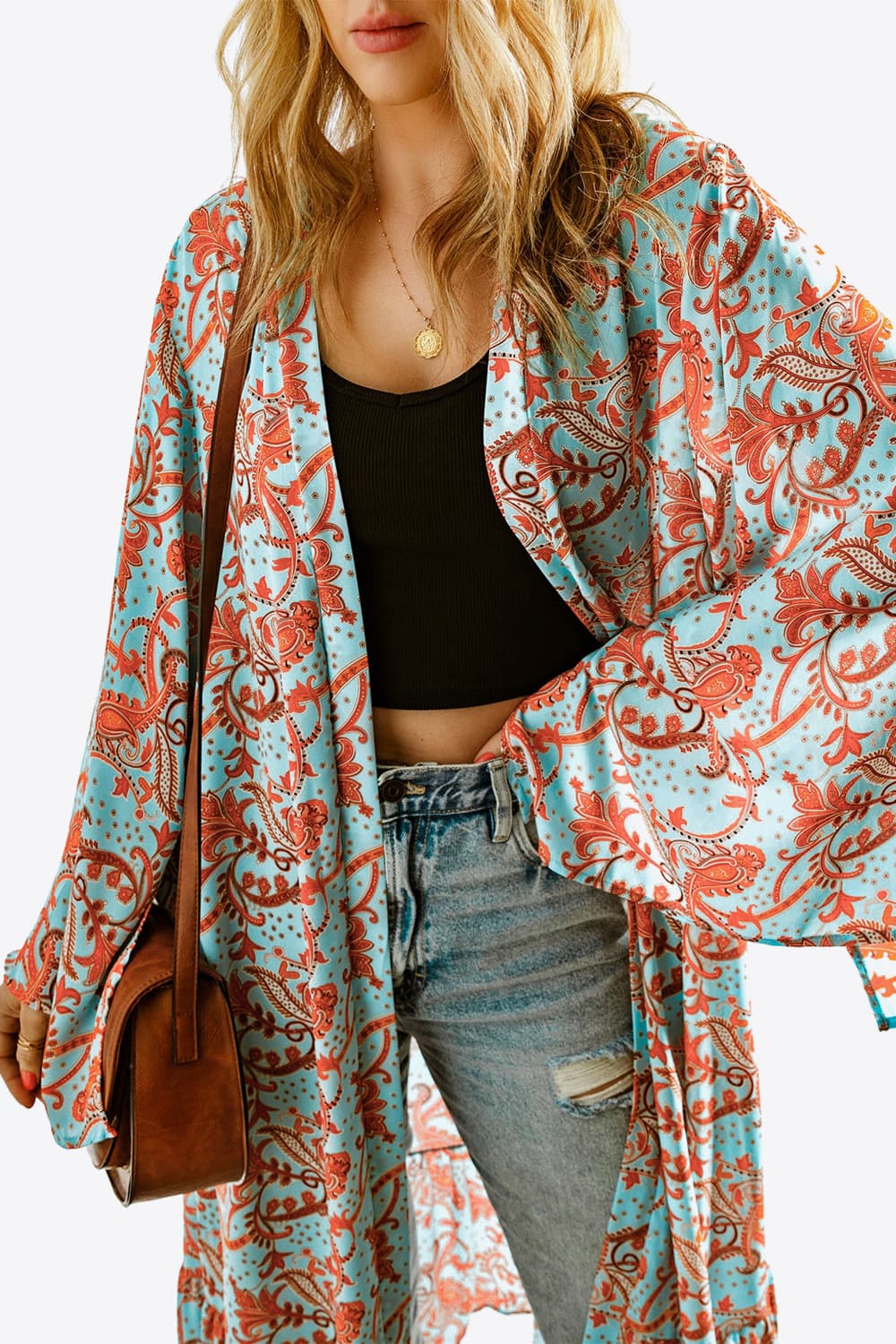 Light Gray Printed Open Front Duster Cardigan