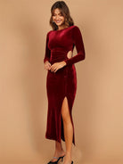 Dark Salmon Cutout Side Slit Boat Neck Long Sleeve Dress Cocktail Dresses