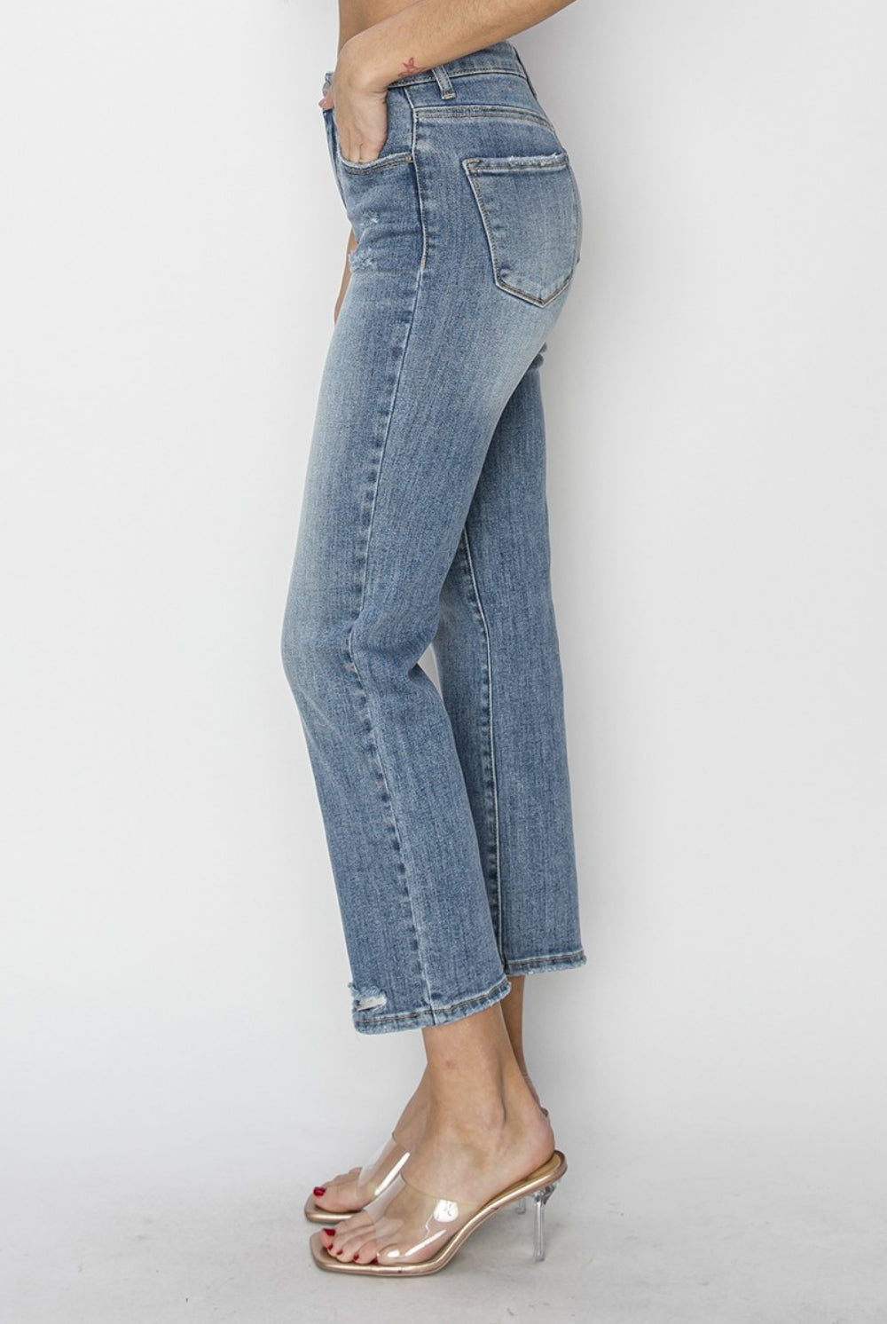 Light Gray RISEN Full Size High Waist Distressed Cropped Jeans Denim