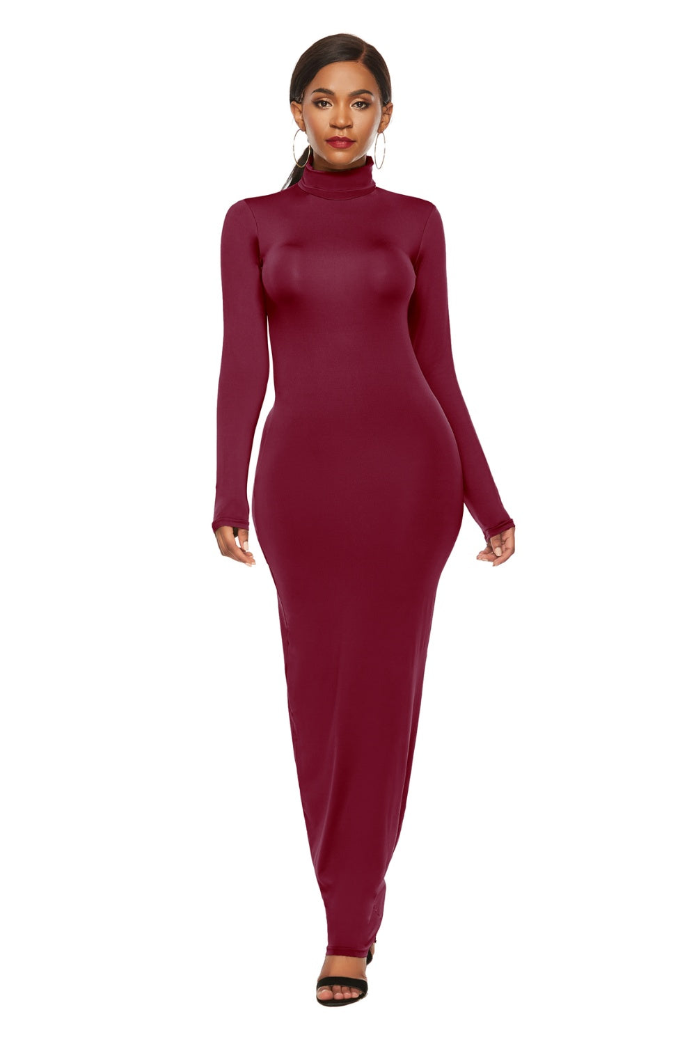 Brown Mock Neck Long Sleeve Maxi Slim Dress Trends